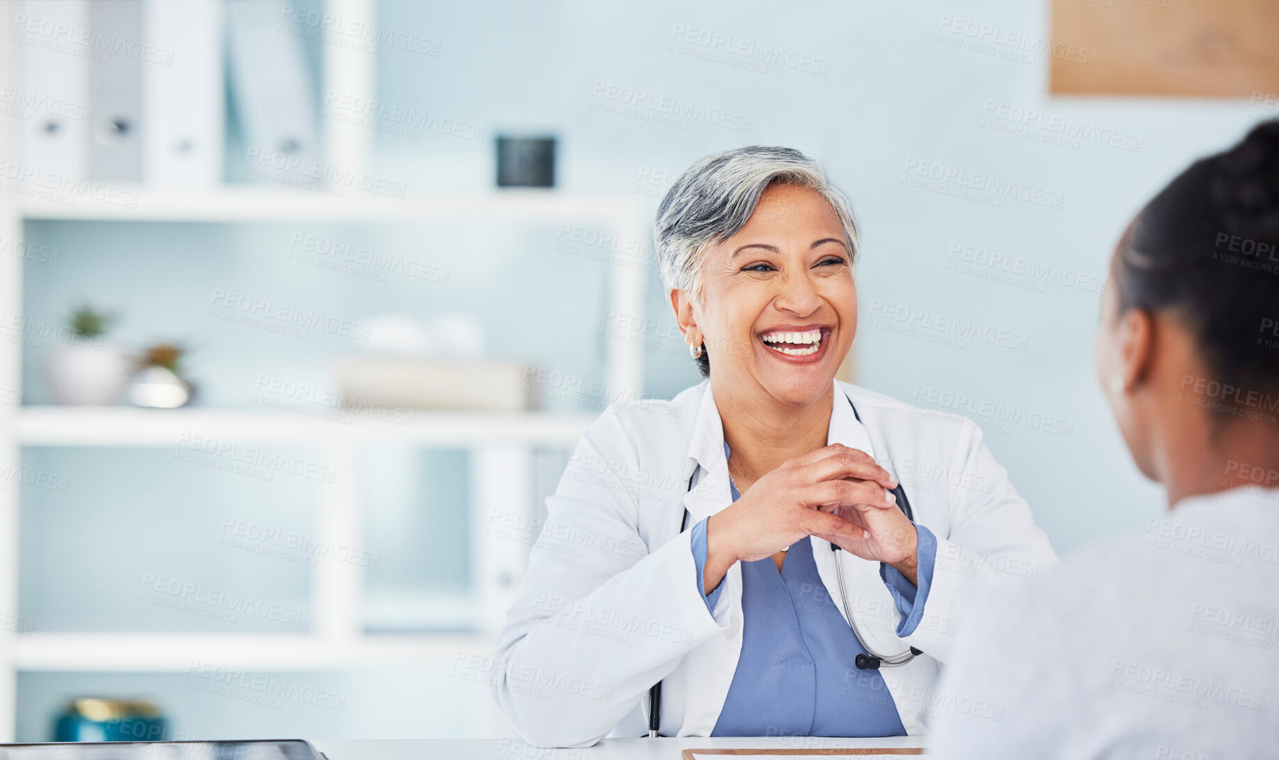 Buy stock photo Doctor, medical woman and office in consultation, support and services, helping or advice. Professional healthcare worker, patient or people consulting with happy news, clinic information or talking