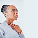 Sick, mockup and black woman with sore throat in studio for influenza, cold or allergies on white background. Cough, tuberculosis and African lady with chest, infection or breathing, lung or problem