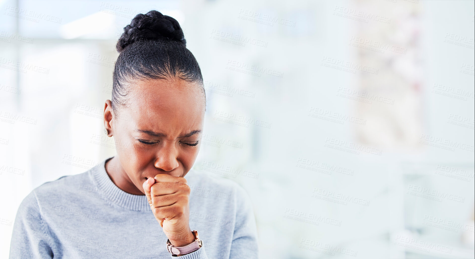 Buy stock photo Sick, cough and black woman with sore throat at home for influenza, cold or allergies on wall background. Coughing, tuberculosis and African lady with chest, infection or breathing, lung or problem