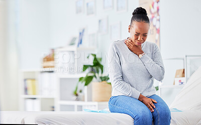 Buy stock photo Black woman, sick and throat virus on bed at hospital waiting for doctor in checkup, visit or appointment. Frustrated African female person or patient with sore neck, infection or cough at the clinic