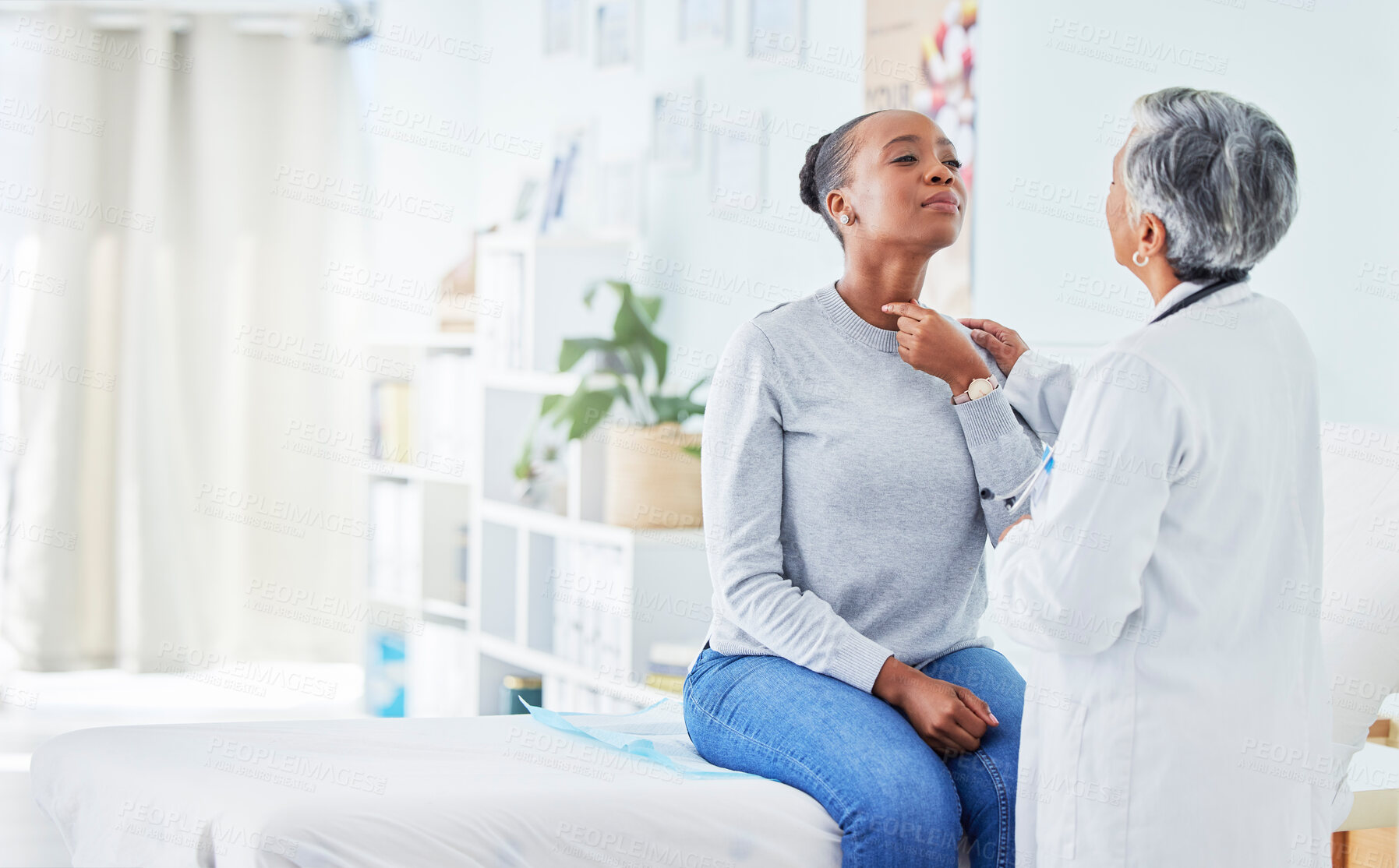 Buy stock photo Black woman, doctor and patient with throat infection, consultation or checkup at the hospital. Sick African female person with sore neck, injury or virus in appointment with healthcare professional