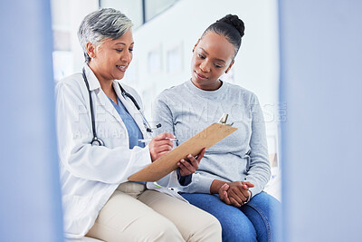 Buy stock photo Doctor, women and checklist in healthcare support, hospital services and patient history, charts or results. Senior nurse writing on clipboard for registration, clinic sign up or medical consultation