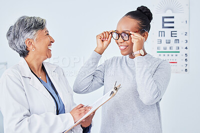 Buy stock photo Vision, glasses and optometrist, clipboard and black woman patient, health insurance and prescription lens with frame. Eye care, exam and diagnosis with assessment, paperwork and choice with help