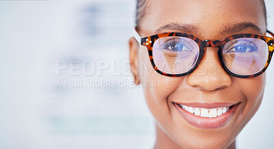 Buy stock photo Face, black woman and glasses in ophthalmology, smile and vision in healthcare for wellness in hospital. Portrait, frame and African person in eyewear, lens or prescription spectacles on mockup space