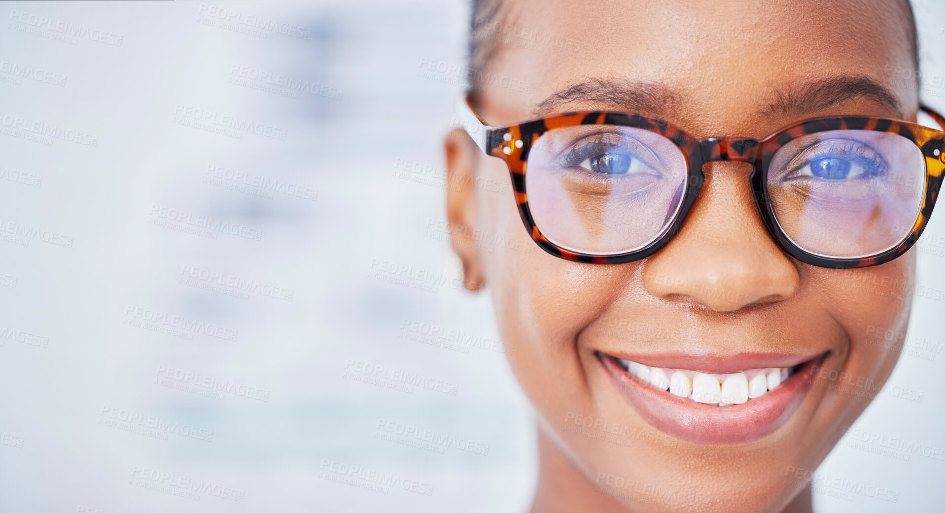 Buy stock photo Face, black woman and glasses in ophthalmology, smile and vision in healthcare for wellness in hospital. Portrait, frame and African person in eyewear, lens or prescription spectacles on mockup space