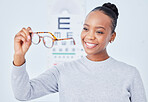 Eye care, glasses choice and patient, black woman is happy at clinic, optometry and frame with help and healthcare. Wellness, health and prescription lens, eyewear and decision with vision and smile