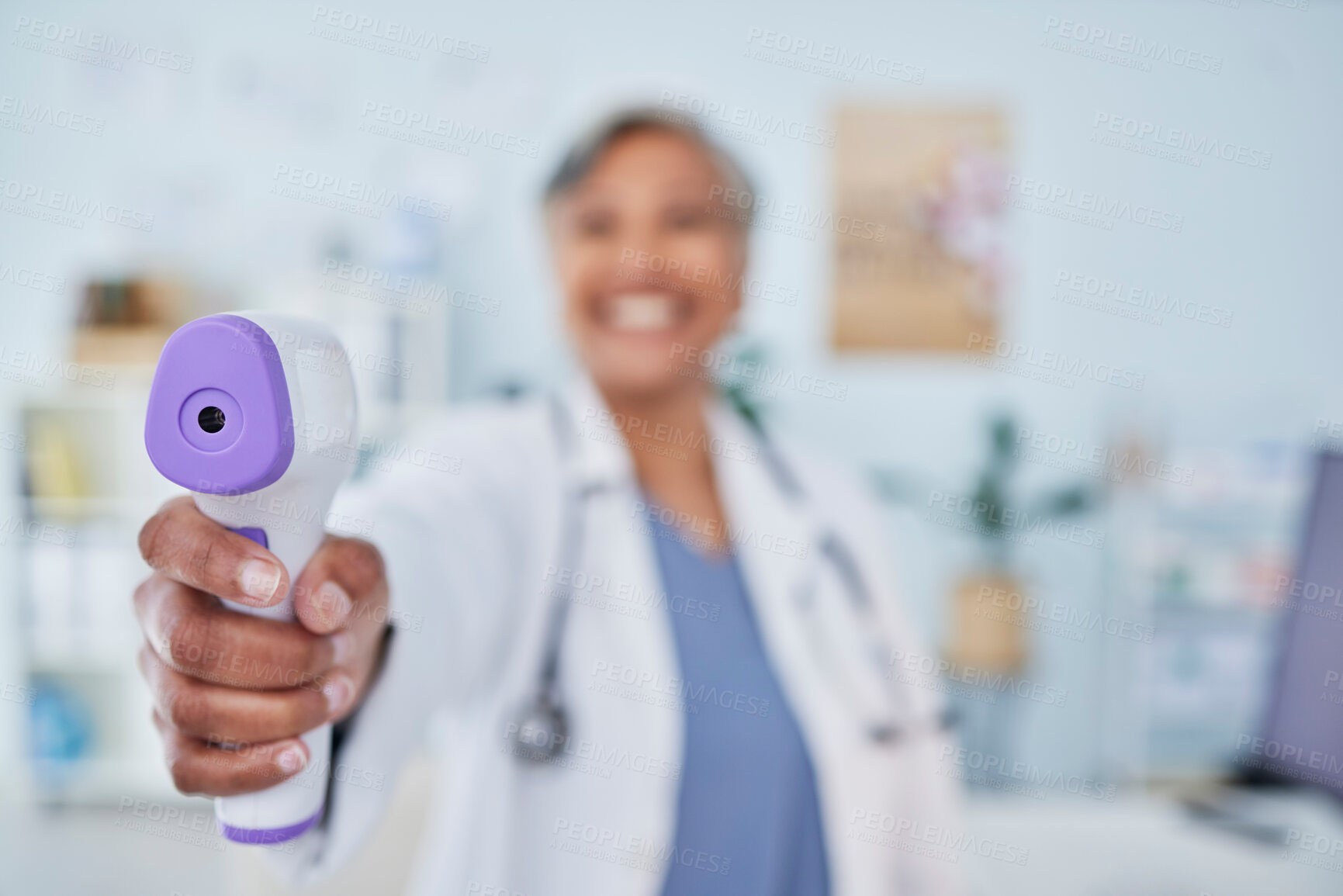 Buy stock photo Happy woman, doctor and infrared thermometer in checking temperature or fever at hospital. Closeup of female person, medical or healthcare professional with laser scanner for flu screening at clinic