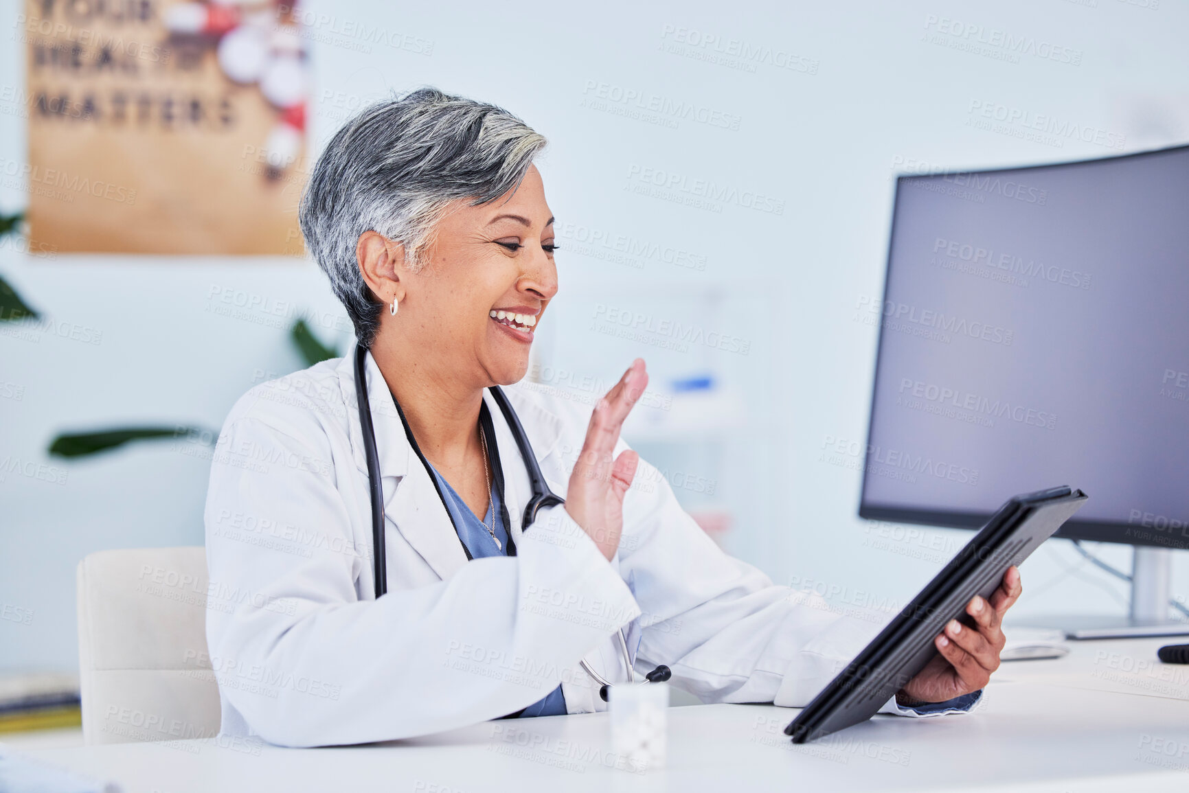 Buy stock photo Hello, woman and doctor with a tablet, video call and connection with healthcare, greeting and medical advice. Wave, employee and medical professional with technology, support and online consultation