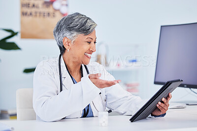 Buy stock photo Smile, woman and doctor with a tablet, video call and connection with healthcare, help and meeting. Webinar, happy employee and medical professional with tech, medical advice and online consultation