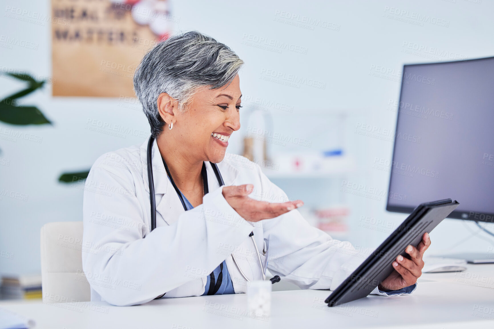 Buy stock photo Smile, woman and doctor with a tablet, video call and connection with healthcare, help and meeting. Webinar, happy employee and medical professional with tech, medical advice and online consultation