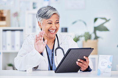 Buy stock photo Wave, woman and doctor with a tablet, video call and telehealth with online consultation, help and support. Happy person, employee or medical professional with technology, advice and healthcare