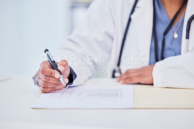 Buy stock photo Doctor, hands and writing, health insurance paperwork and compliance with trust, help and healthcare at hospital. Test results, medical report and person with info on document, policy and closeup