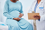 Pregnant woman, doctor hands and checklist in hospital consulting, gynecology service and healthcare test, exam or results. Medical gynecologist, nurse and pregnancy charts, clipboard and clinic bed