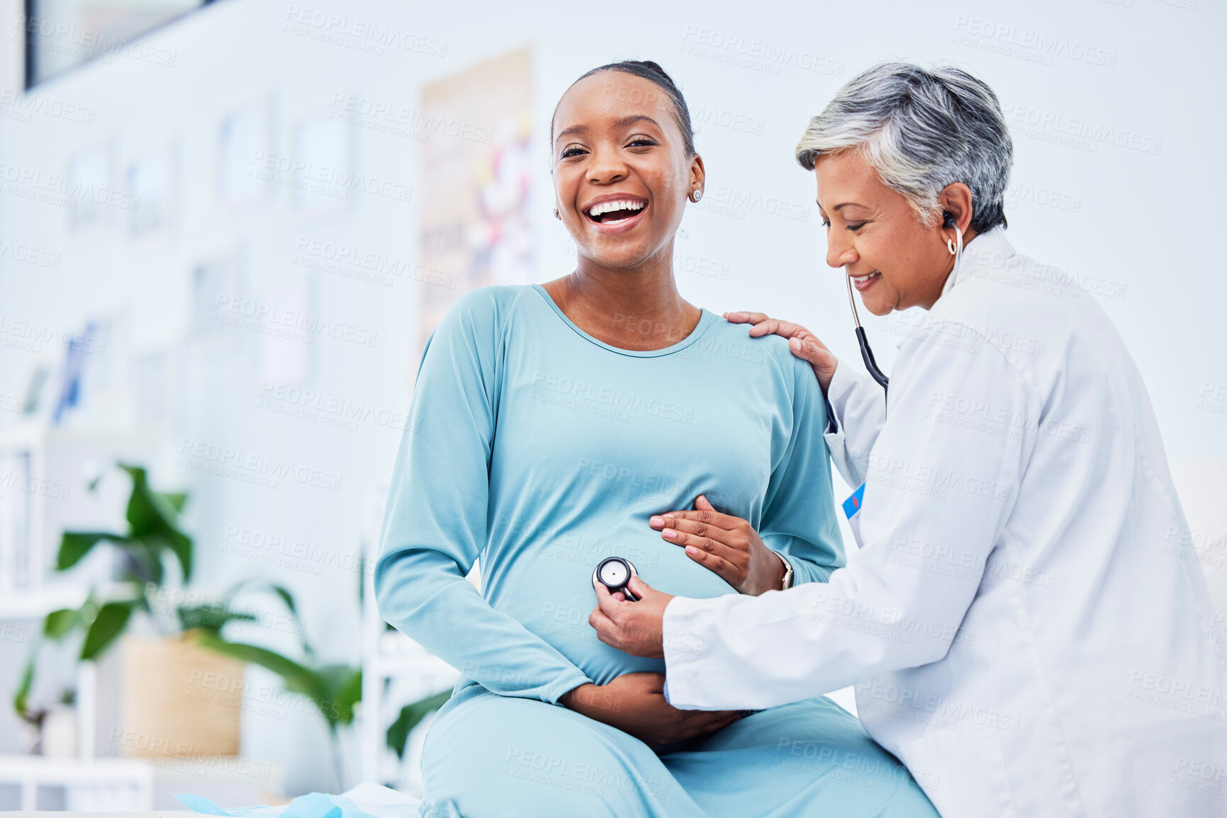 Buy stock photo Doctor, woman portrait and heart rate pregnancy in a hospital with mama and baby care. Wellness, abdomen and pregnant healthcare with nurse and medical chart of a clinic check for health of a mother