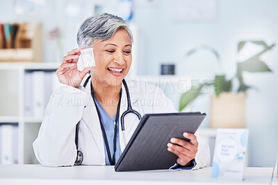 Buy stock photo Pills, woman and doctor with a tablet, video call and connection with healthcare, advice and support. Discussion, employee and medical professional with technology, medication and online consultation