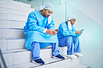 Surgeon team, stairs and phone in hospital for telehealth, healthcare or online wellness. Smartphone, doctor and people on steps on internet, reading email and medical professional research in clinic