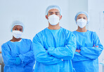 Face mask, surgeon team and people with arms crossed in hospital, healthcare and wellness. Portrait, doctor and medical professional group, expert nurse and confident surgery employee in ppe scrubs