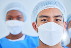 Face mask, surgeon team and people in hospital in studio isolated on a white background. Portrait, doctor and medical professional group, expert worker and confident plastic surgery employee in ppe