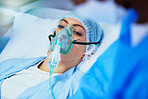 Hospital, anesthesia and woman with oxygen mask in surgery for medical service, operation and procedure. Healthcare, doctor and surgeons with gas, breathing and ventilation equipment for patient