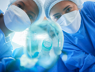 Buy stock photo Surgery, anesthesia and doctors with oxygen mask for medical service, operation and procedure. Healthcare, hospital and portrait of surgeons with gas, breathing and ventilation equipment for patient