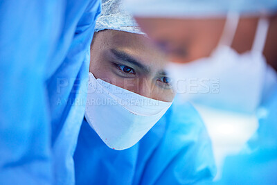 Buy stock photo Surgery, doctors and medical with man in hospital theater for operation, emergency and collaboration. Medicine, healthcare and help with group of people in clinic for safety, consulting and nursing