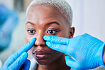 Doctor hands, woman and plastic surgery for cosmetics, aesthetic and facial transformation or nose job. Medical worker with rhinoplasty of african patient or client face, dermatology help or support