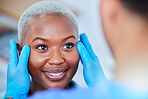 Medical hands, woman and plastic surgery for cosmetics, aesthetic and facial transformation in exam. Doctor or surgeon with happy african patient or client face check, dermatology help and support