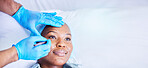 Plastic surgery, needle and black woman on a hospital bed with dermatology with mockup space. Surgeon, facial change and medical filler for skincare, cosmetics and wellness in a clinic with doctor