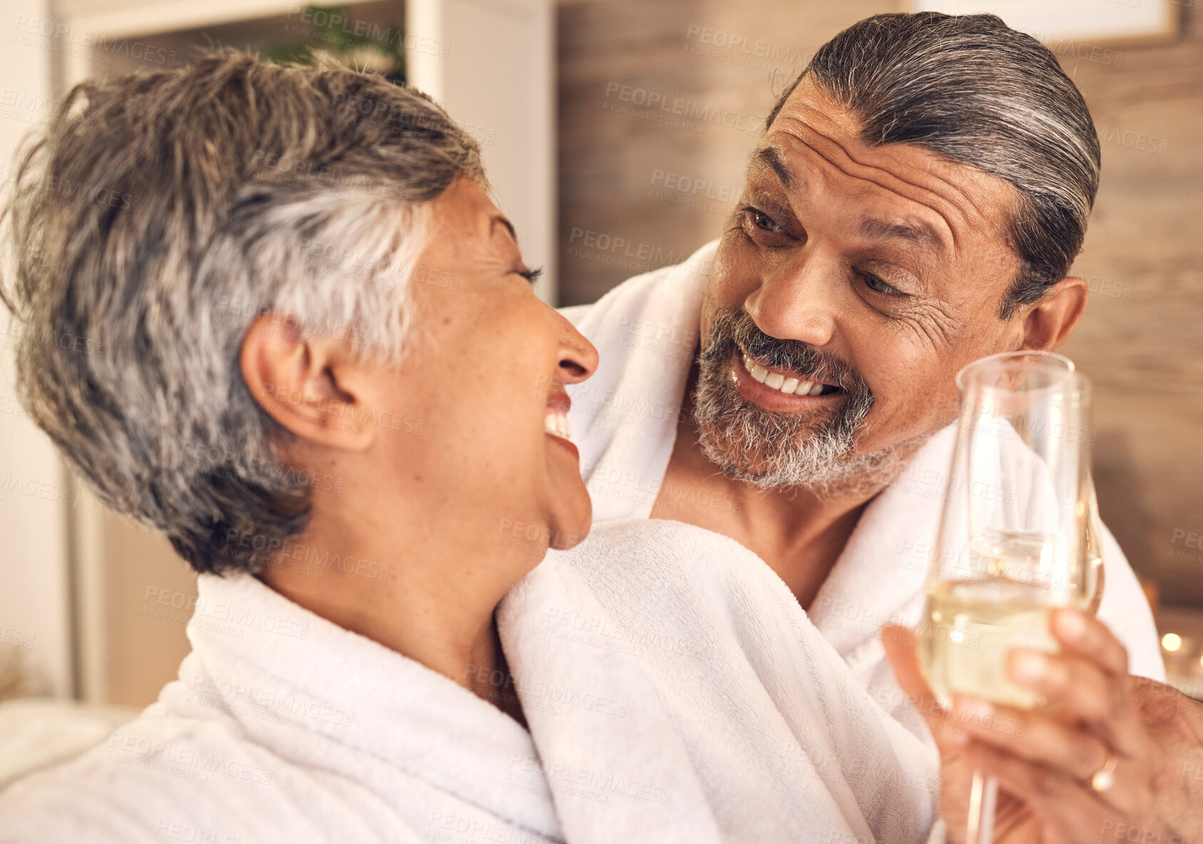 Buy stock photo Love, champagne and relax with old couple in spa for anniversary, celebration and happy. Wellness, massage and marriage with senior man and woman in villa for luxury, vacation and peace together