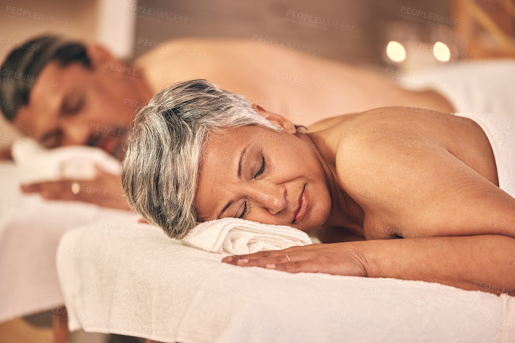 Buy stock photo Relax, massage and mature couple in spa for holiday, vacation and marriage anniversary for wellness. Love, luxury resort and man and woman in salon for beauty, therapy and skincare treatment in hotel