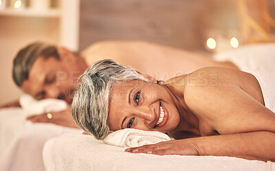 Buy stock photo Couple, massage and portrait of woman in spa to relax on holiday, vacation and anniversary celebration. Love, marriage and happy mature man and lady in beauty salon for luxury, calm and skincare