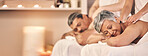 Relax, massage and space with old couple in spa for vacation, luxury and beauty salon. Peace, wellness and holiday with senior woman and man in hotel for retirement, oil treatment and mockup banner