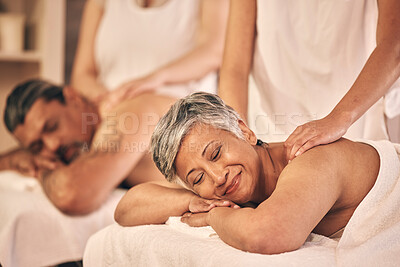 Buy stock photo Relax, massage and senior with couple in spa for vacation, luxury and beauty salon. Peace, wellness and holiday with mature woman and man in hotel villa for retirement, oil treatment and body care