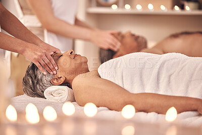 Buy stock photo Head, massage and zen with old couple in spa for vacation, luxury and beauty salon. Peace, wellness and holiday with senior woman and man in hotel villa for retirement, oil treatment and body care