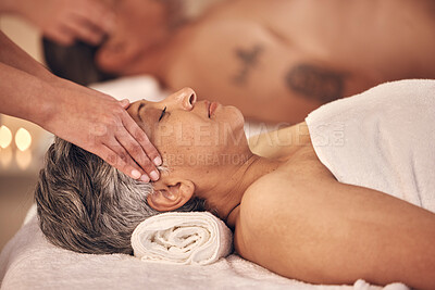 Buy stock photo Relax, massage and head of old woman in spa for vacation, luxury and beauty salon. Peace, wellness and holiday with senior customer and hands in hotel villa for retirement, oil treatment and zen