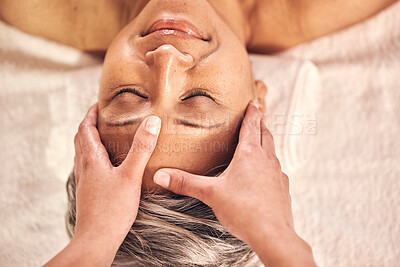 Buy stock photo Relax, head massage and zen with old woman in spa from above for vacation, luxury and beauty salon. Peace, wellness and holiday with senior customer in hotel for retirement, oil treatment and health