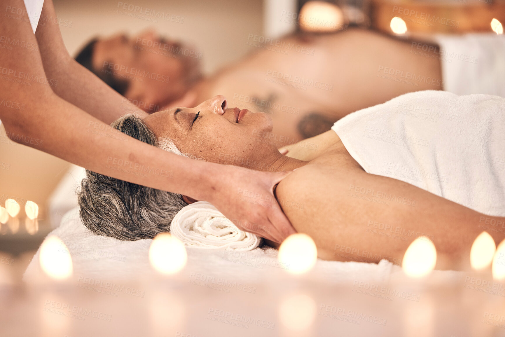 Buy stock photo Relax, massage and wellness with old couple in spa for vacation, luxury and beauty salon. Peace, zen and holiday with senior woman and hands in hotel villa for retirement, oil treatment and body care