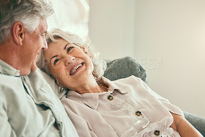 Buy stock photo Love, happy or old couple smile in home living room bonding together to relax on holiday with support or trust. Retirement, hug or senior man laughing with a mature woman with joy or care in marriage