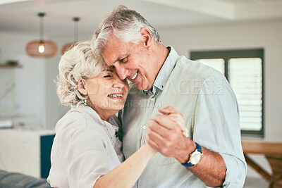 Buy stock photo Holding hands, smile or happy old couple dancing for love or joy in marriage at home together. Hug, romantic elderly man or senior woman bonding with smile or care in retirement or house living room