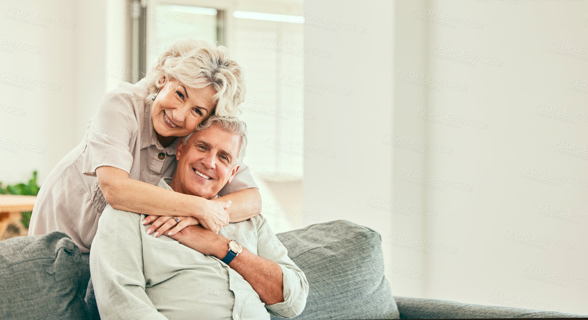 Buy stock photo Portrait, smile or old couple hug in home living room bonding together to relax on holiday for love or trust. Support, happy or senior man in retirement by a mature woman with joy or care in marriage