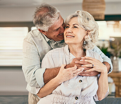 Buy stock photo Love, relax or happy old couple hug in home living room bonding together on holiday vacation with support. Retirement, smile or senior man laughing with a mature woman thinking of care in marriage