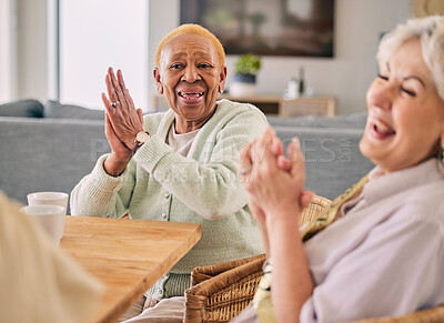 Buy stock photo Senior women, happy cheer and celebration at a birthday party or event with clapping and excited. Elderly friends, smile and social in retirement and nursing home with tea, friendship and fun