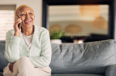 Buy stock photo Phone call, senior woman and living room with conversation and communication in a home. Retirement, African elderly female person and mobile discussion on a lounge sofa with contact and talking