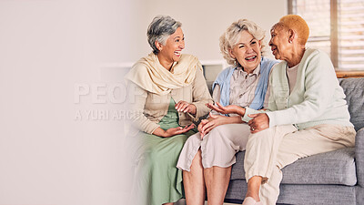 Buy stock photo Couch, friends and senior women in conversation in a living room together talking, laughing and bonding on retirement. Happy, funny and elderly people talking in discussion with happiness on a sofa