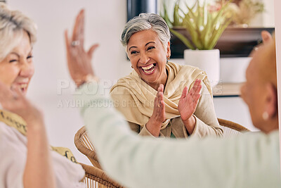 Buy stock photo Senior women, happy and celebration at a birthday party or event with clapping and excited. Elderly friends, smile and laughing in retirement and nursing home with conversation, friendship and fun