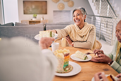 Buy stock photo Happy, cake and senior friends at a home for a tea party having fun together in retirement. Smile, happiness and elderly female person dish dessert or sweet snack by the dining room table at home.