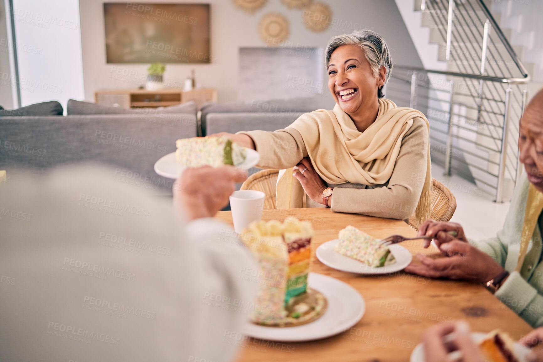 Buy stock photo Happy, cake and senior friends at a home for a tea party having fun together in retirement. Smile, happiness and elderly female person dish dessert or sweet snack by the dining room table at home.