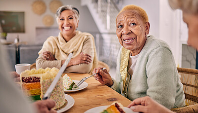 Buy stock photo Cake, conversation and senior people eating at a tea party or event in dining room at a house. Fun, talking and group of elderly friends enjoying dessert or sweet snack together in retirement home.