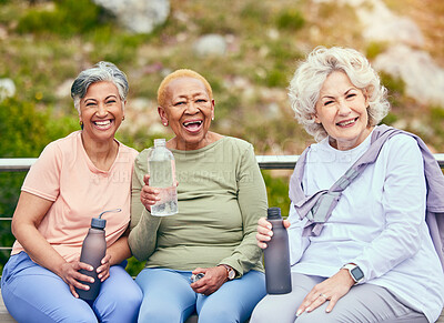 Buy stock photo Senior women, fitness or portrait of friends in outdoor activity together for health or exercise in retirement. Support, diversity or happy elderly people drinking water to relax on break in training