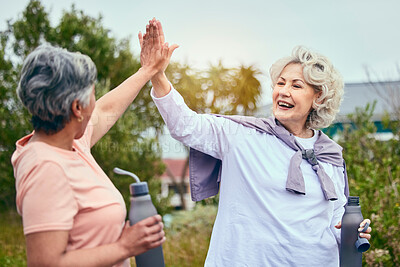 Buy stock photo Senior women, fitness and high five for motivation and workout success from outdoor walk. Happiness, elderly friends and happy from sport and exercise together with support smile and freedom